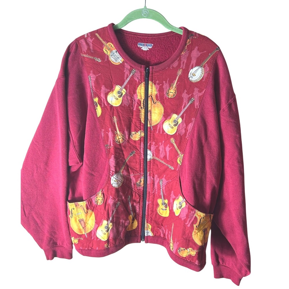 Jerzees Vintage‎ Musical Instrument Guitar Print Zip Up Sweatshirt